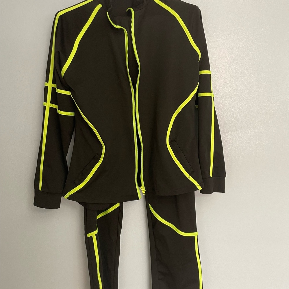 Women's Black and Neon Yellow Pantsuit